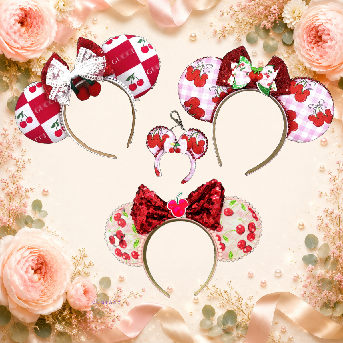 For the Love of Cherries collection by Pixie Park Co. featuring handcrafted cherry-inspired mouse ears, Mini Magic Charms, accessories, and coordinated park styles.