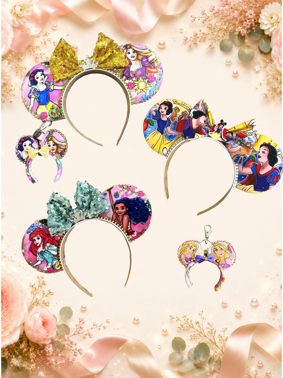 Pixie Princess Collection by Pixie Park Co. featuring handcrafted princess-inspired mouse ear headbands, Mini Magic Charms, Pixie Pairs, and Princess Duo accessories.