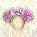 Mermaid Dreams Boutique Mouse Ear Headband with colorful mermaid-inspired print ears, lavender sequin bow, and handcrafted boutique design by Pixie Park Company