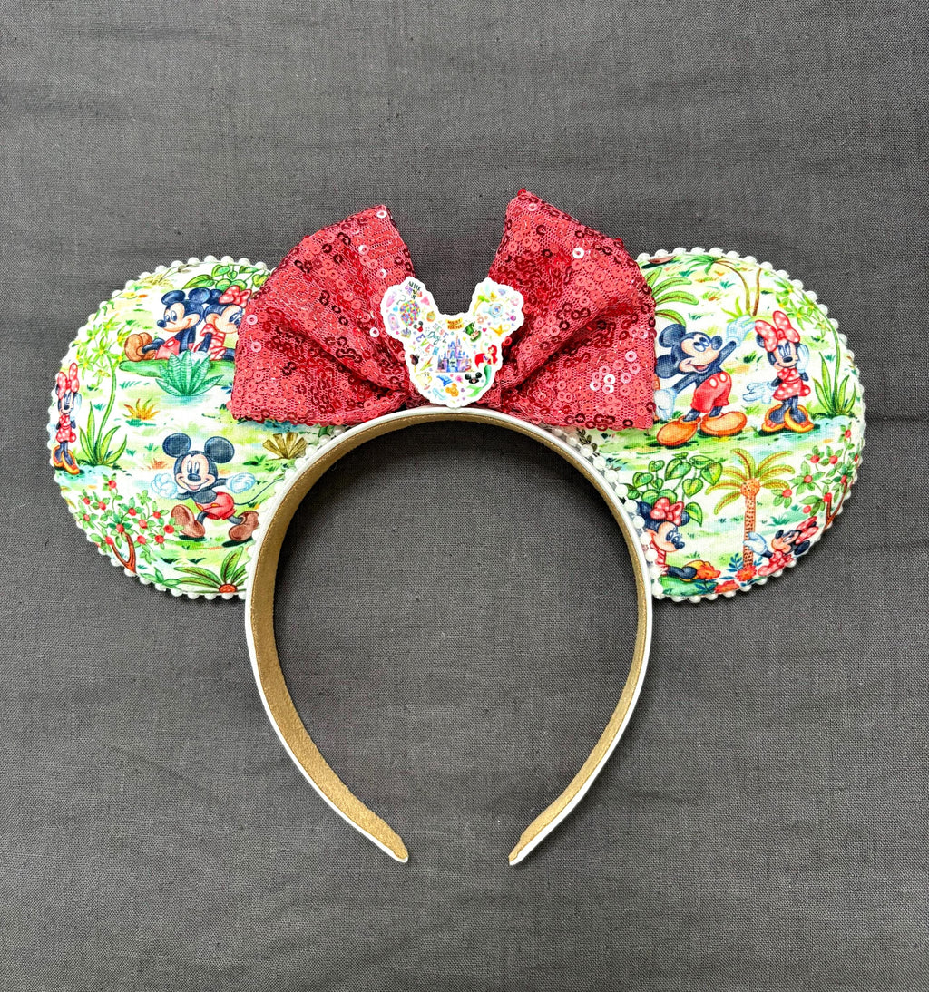Picnic Promenade Boutique Mouse Ear Headband featuring a vintage picnic-inspired print, ruby-red sequin bow, pearl trim, and handcrafted boutique styling by Pixie Park Co.
