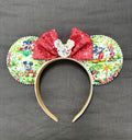 Picnic Promenade Boutique Mouse Ear Headband featuring a vintage picnic-inspired print, ruby-red sequin bow, pearl trim, and handcrafted boutique styling by Pixie Park Co.