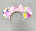 Once Upon a Dream Boutique Mouse Ear Headband featuring fairy tale princess-inspired artwork, a blush pink sequin bow, and handcrafted boutique detailing.