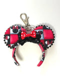 Park Avenue Chic Mini Ear Keychain and Bag Charm featuring a modern checkerboard pattern, mouse-inspired silhouettes, silver bow accent, black pearl trim, and handcrafted boutique styling by Pixie Park Co.