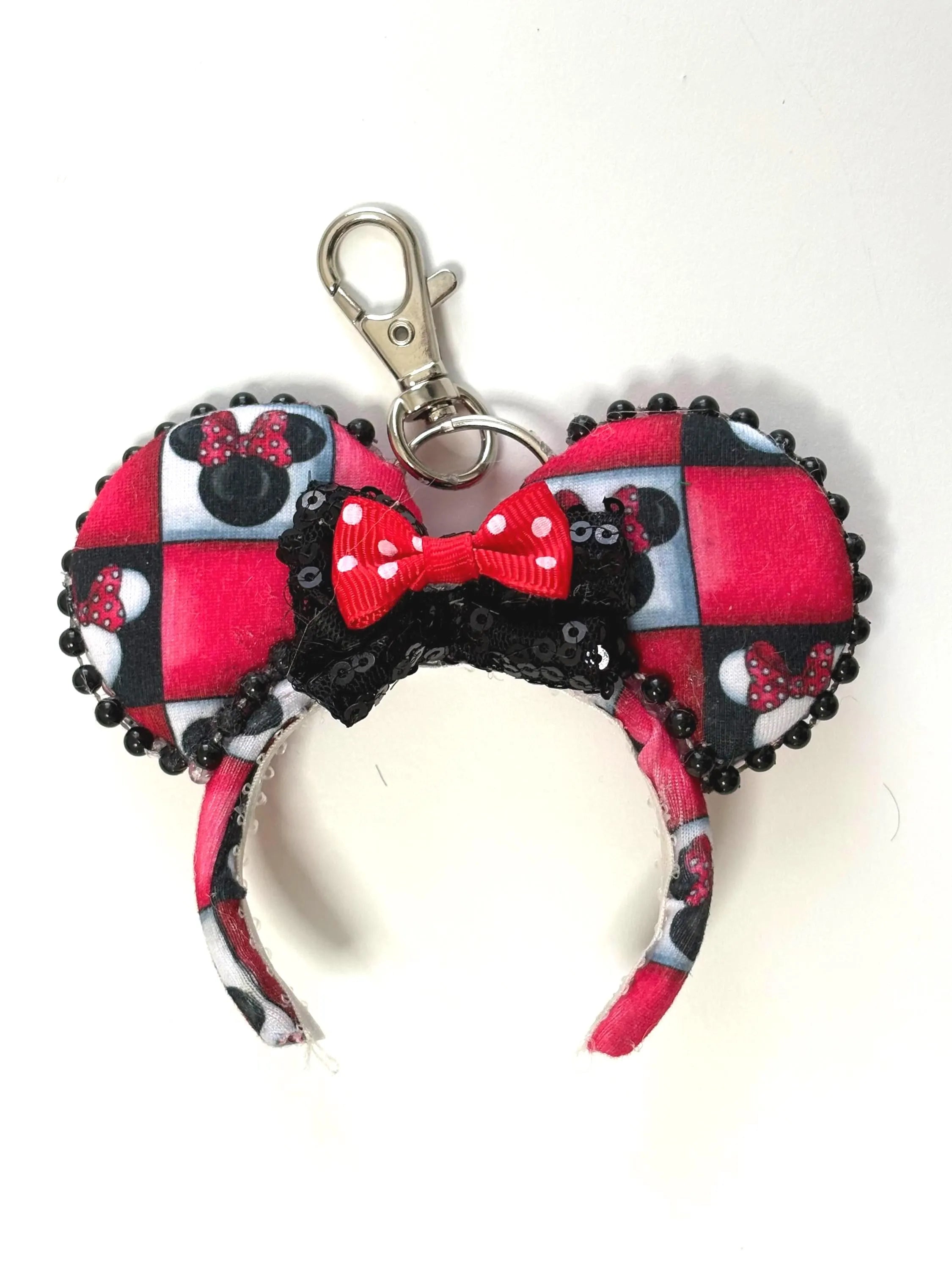 Park Avenue Chic Mini Ear Keychain and Bag Charm featuring a modern checkerboard pattern, mouse-inspired silhouettes, silver bow accent, black pearl trim, and handcrafted boutique styling by Pixie Park Co.