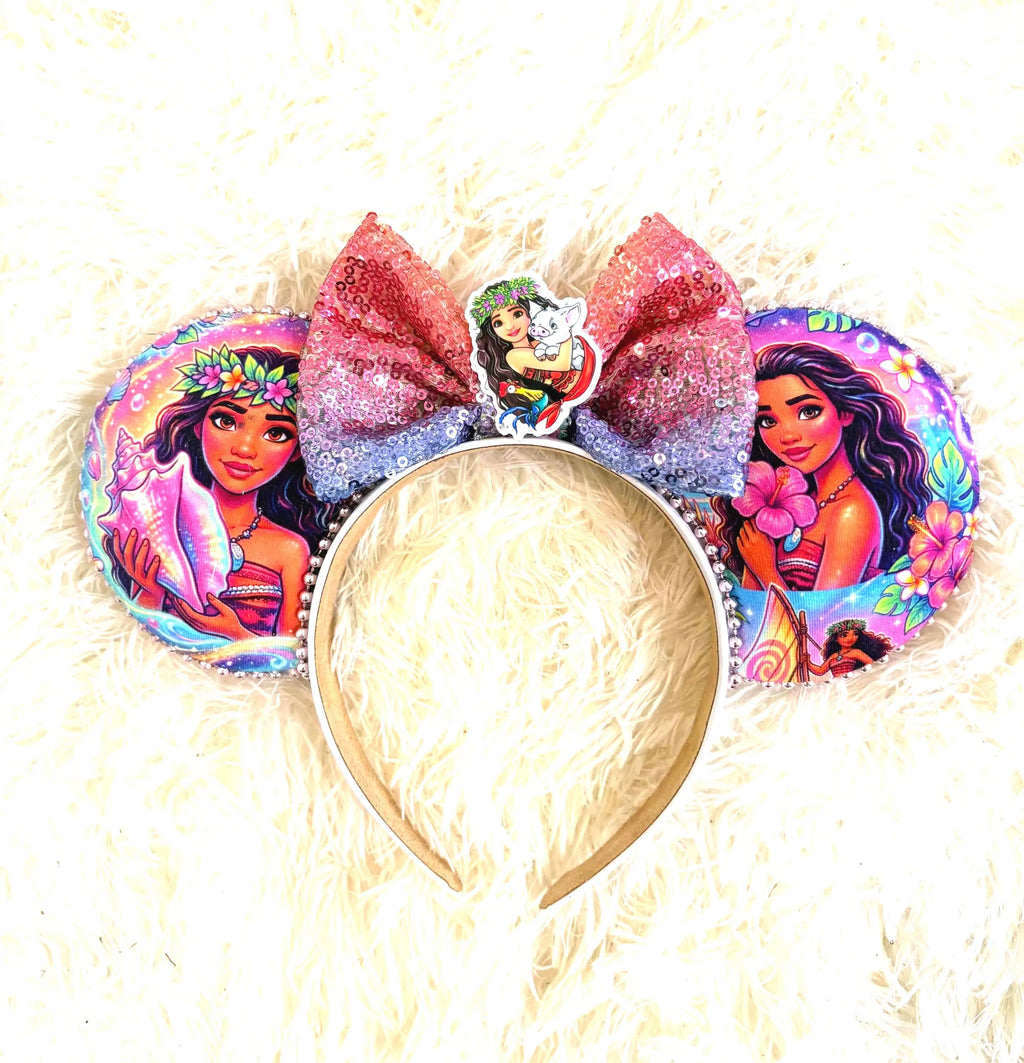 Island Spirit Boutique Mouse Ear Headband featuring tropical island-inspired artwork, a boutique statement bow, decorative centerpiece, and handcrafted styling by Pixie Park Co.