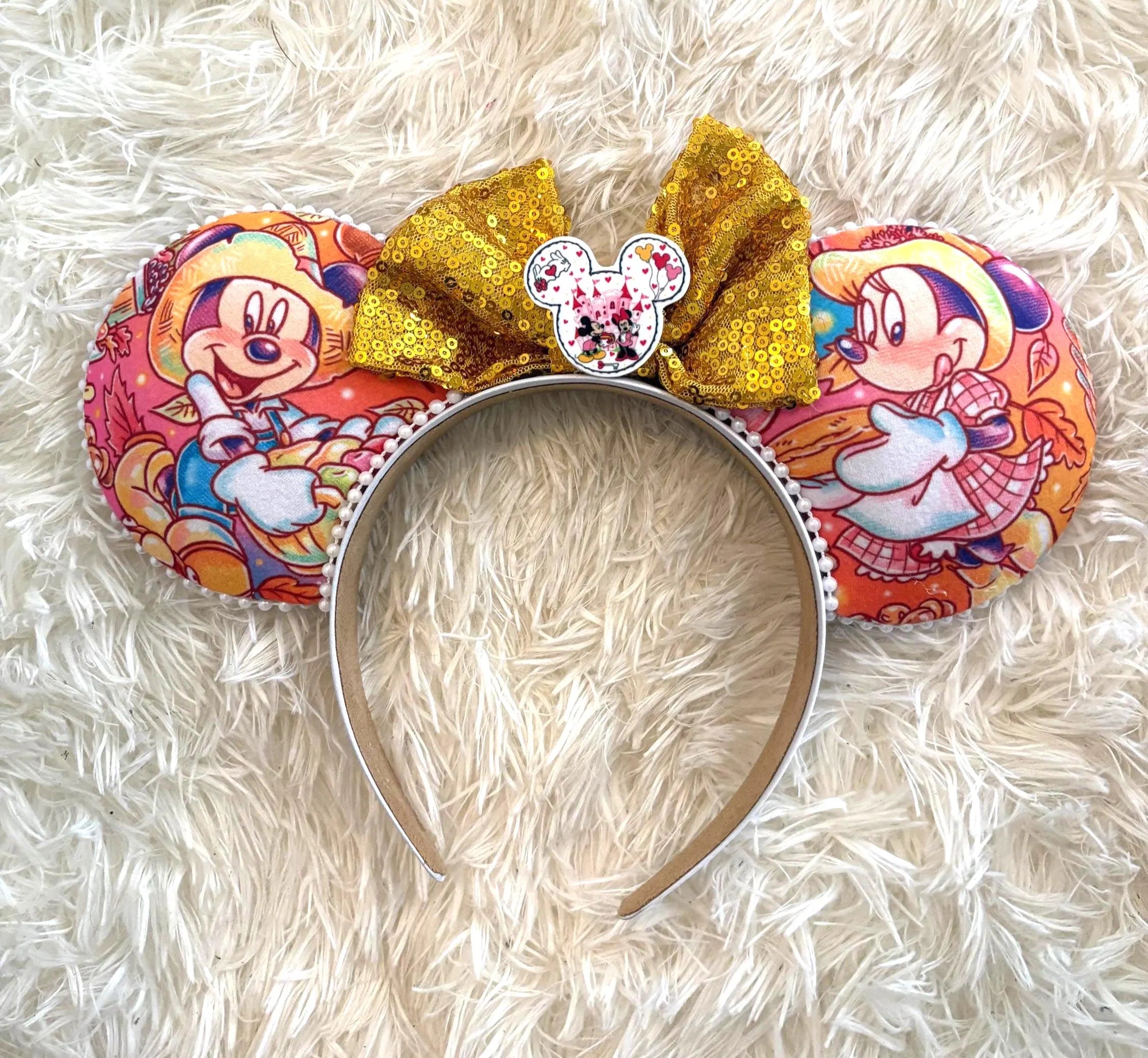 Harvest at the Park Boutique Mouse Ear Headband featuring autumn-inspired artwork, a gold sequined bow, and handcrafted boutique detailing.