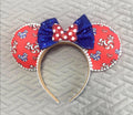 Main Street Sweets Boutique Mouse Ear Headband featuring colorful candy-inspired pinwheel print, royal blue sequin bow, and handcrafted boutique styling by Pixie Park Co.