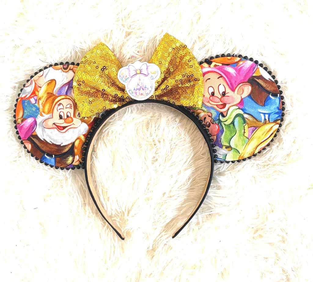 Heigh-Ho Holiday Boutique Mouse Ear Headband featuring storybook woodland-inspired artwork, a sparkling gold sequin bow, and handcrafted boutique styling by Pixie Park Co.