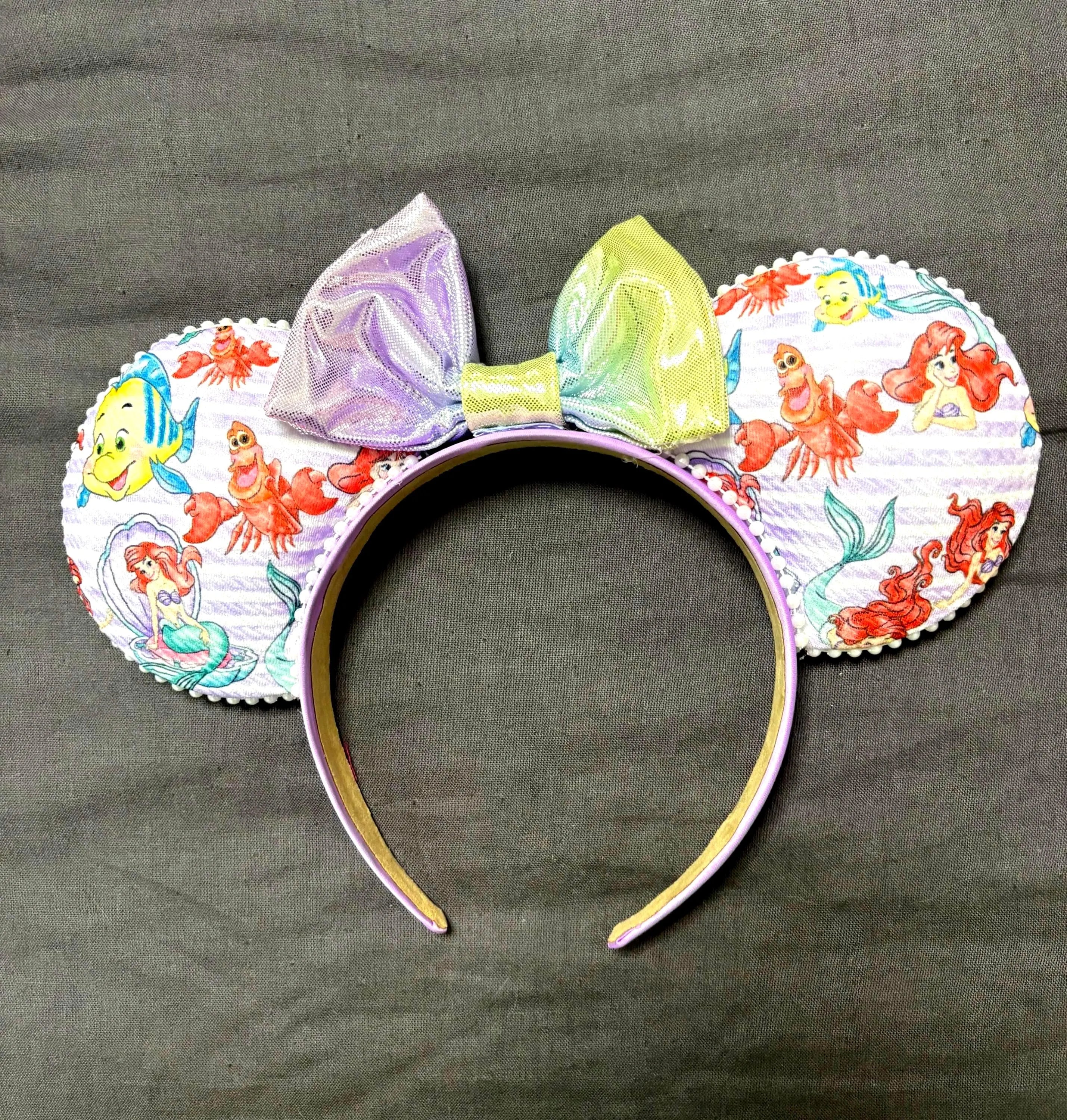 Sweetheart Celebration Boutique Mouse Ear Headband featuring a heart-inspired print, blush pink sequin bow, pearl trim, and handcrafted boutique styling by Pixie Park Company.