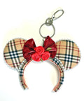 London Plaid Mini Ear Keychain & Bag Charm with pearl trim, red bow, and handcrafted rose accents by Pixie Park Company.