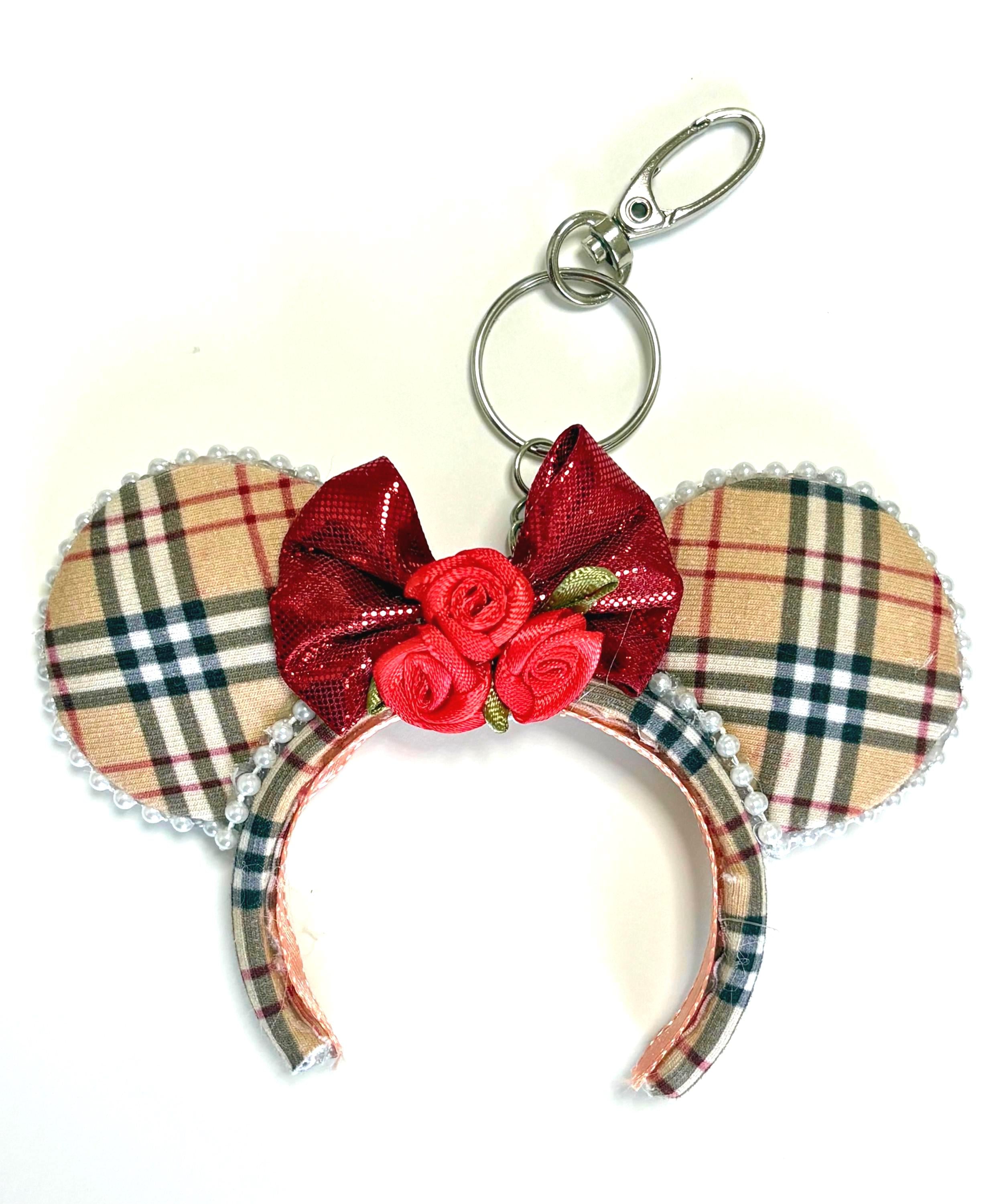 London Plaid Mini Ear Keychain & Bag Charm with pearl trim, red bow, and handcrafted rose accents by Pixie Park Company.
