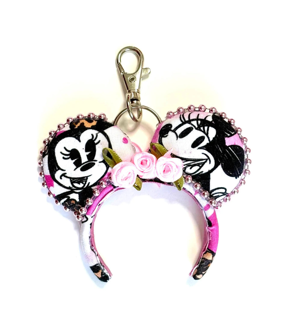 Pink Promenade Mini Ear Keychain and Bag Charm featuring pink boutique-inspired ear design with rose accents and pearl trim by Pixie Park Co.