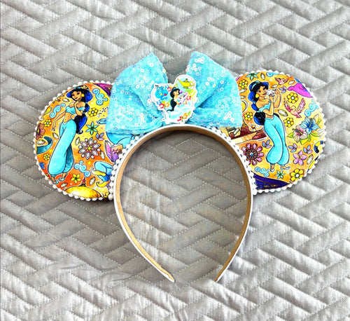Arabian Nights Boutique Mouse Ear Headband featuring Arabian fantasy-inspired artwork, a sparkling bow, and handcrafted boutique styling by Pixie Park Co.