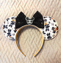 Midnight Elegance Boutique Mouse Ear Headband featuring a black-and-white designer-inspired print, black glitter bow, pearl trim, and handcrafted boutique styling by Pixie Park Co.