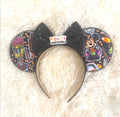 Pumpkin Park Spooktacular Boutique Mouse Ear Headband featuring Halloween-inspired artwork with pumpkins, festive treats, a sparkling black sequin bow, and handcrafted boutique detailing.