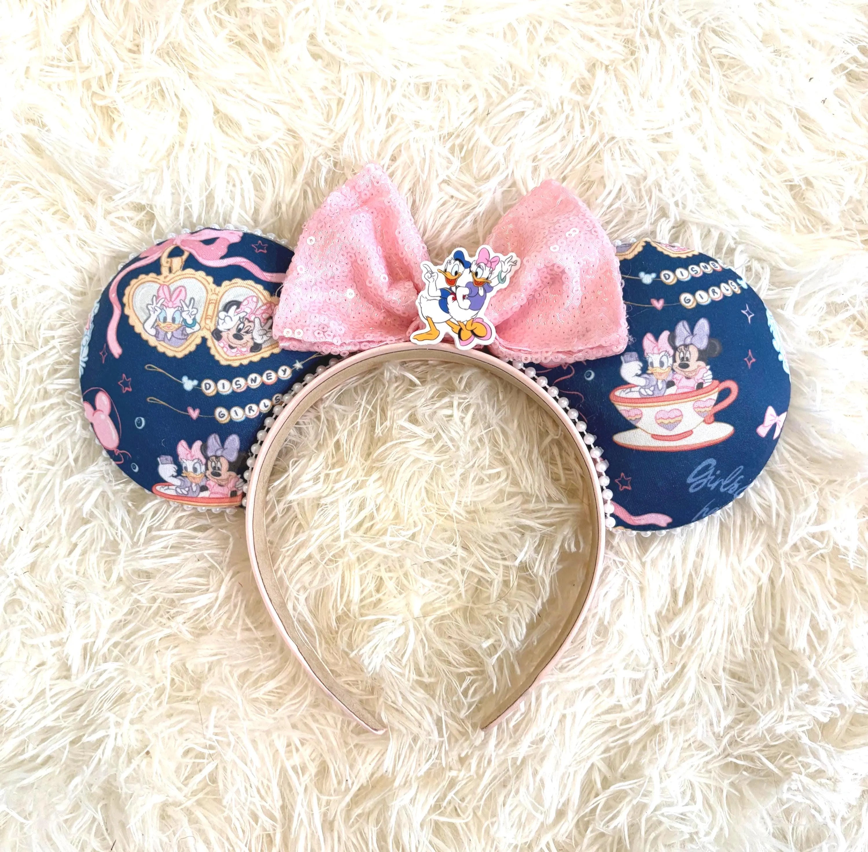 Park Besties Boutique Mouse Ear Headband featuring friendship-inspired artwork, blush pink sequin bow, handcrafted boutique styling, and premium comfort-fit headband by Pixie Park Company.