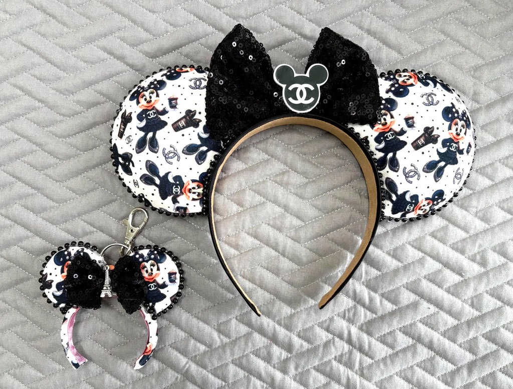 Handcrafted Midnight Elegance Pixie Pair featuring a matching mouse ear headband and coordinating Mini Magic Charm with elegant boutique styling, coordinating bow, decorative centerpiece, beaded trim, and handcrafted craftsmanship.