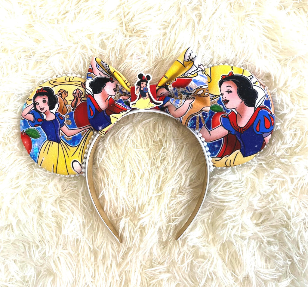 Dreaming Princess Boutique Mouse Ear Headband featuring storybook-inspired artwork, elegant handcrafted fabric bow, boutique styling, and comfort-fit headband by Pixie Park Company.