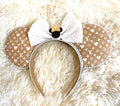 Couture Boutique Mouse Ear Headband featuring designer-inspired fabric, elegant statement bow, pearl trim, and handcrafted boutique styling by Pixie Park Co.
