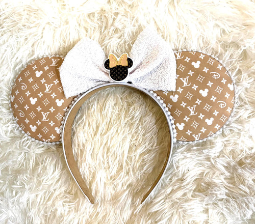 Couture Boutique Mouse Ear Headband featuring designer-inspired fabric, elegant statement bow, pearl trim, and handcrafted boutique styling by Pixie Park Co.