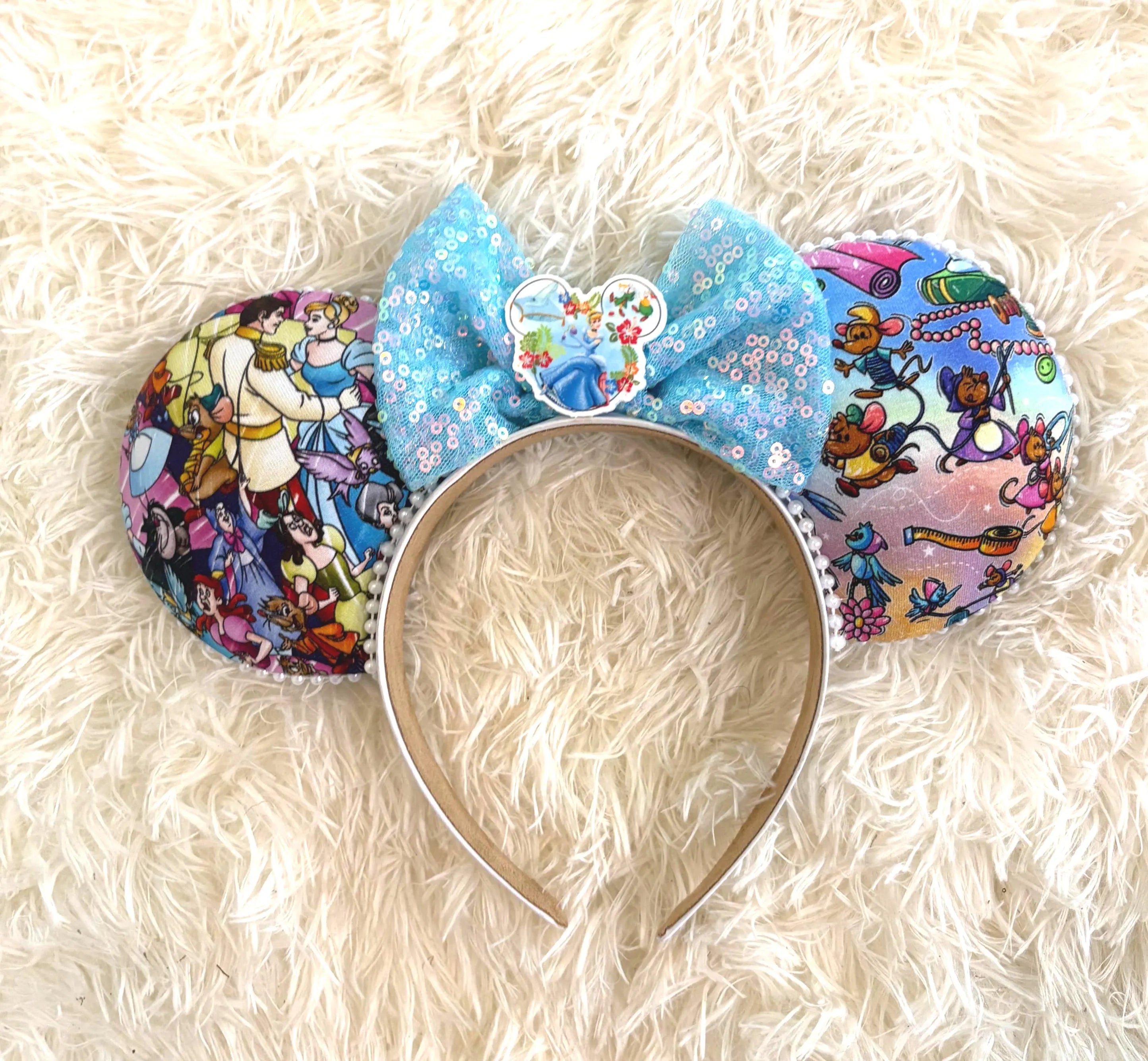 Midnight Promise Boutique Mouse Ear Headband featuring a storybook princess-inspired print, sparkling ice-blue sequin bow, princess centerpiece, and handcrafted boutique styling by Pixie Park Co.