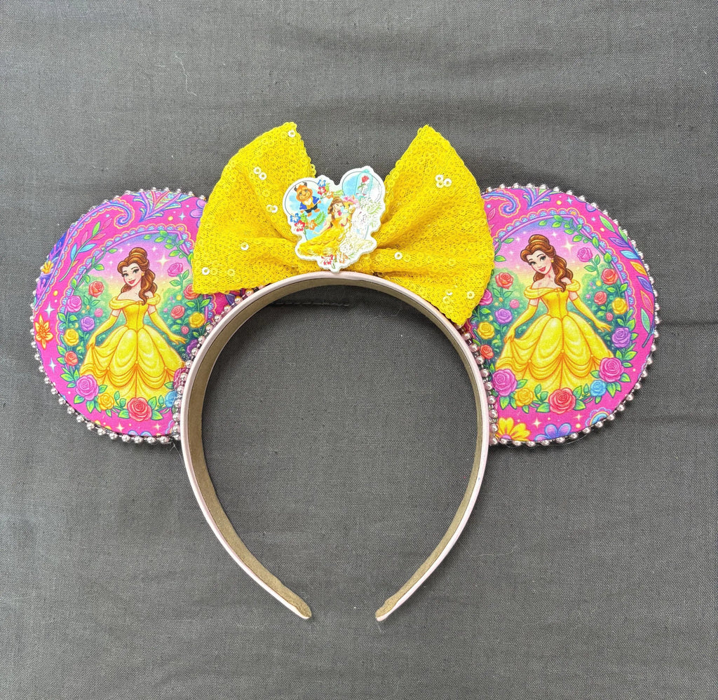 Blooming Belle Boutique Mouse Ear Headband with Belle-inspired floral artwork, gold sequin bow, pearl trim, and princess centerpiece by Pixie Park Co.
