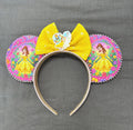 Blooming Belle Boutique Mouse Ear Headband with Belle-inspired floral artwork, gold sequin bow, pearl trim, and princess centerpiece by Pixie Park Co.