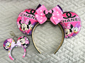 Pixie Park Company Parisian Chic Pixie Pair featuring a coordinated Luxe mouse ear headband and matching Mini Magic Charm with elegant Paris-inspired artwork, a shimmering lavender sequin bow, decorative lavender beaded trim, and handcrafted boutique styling.
