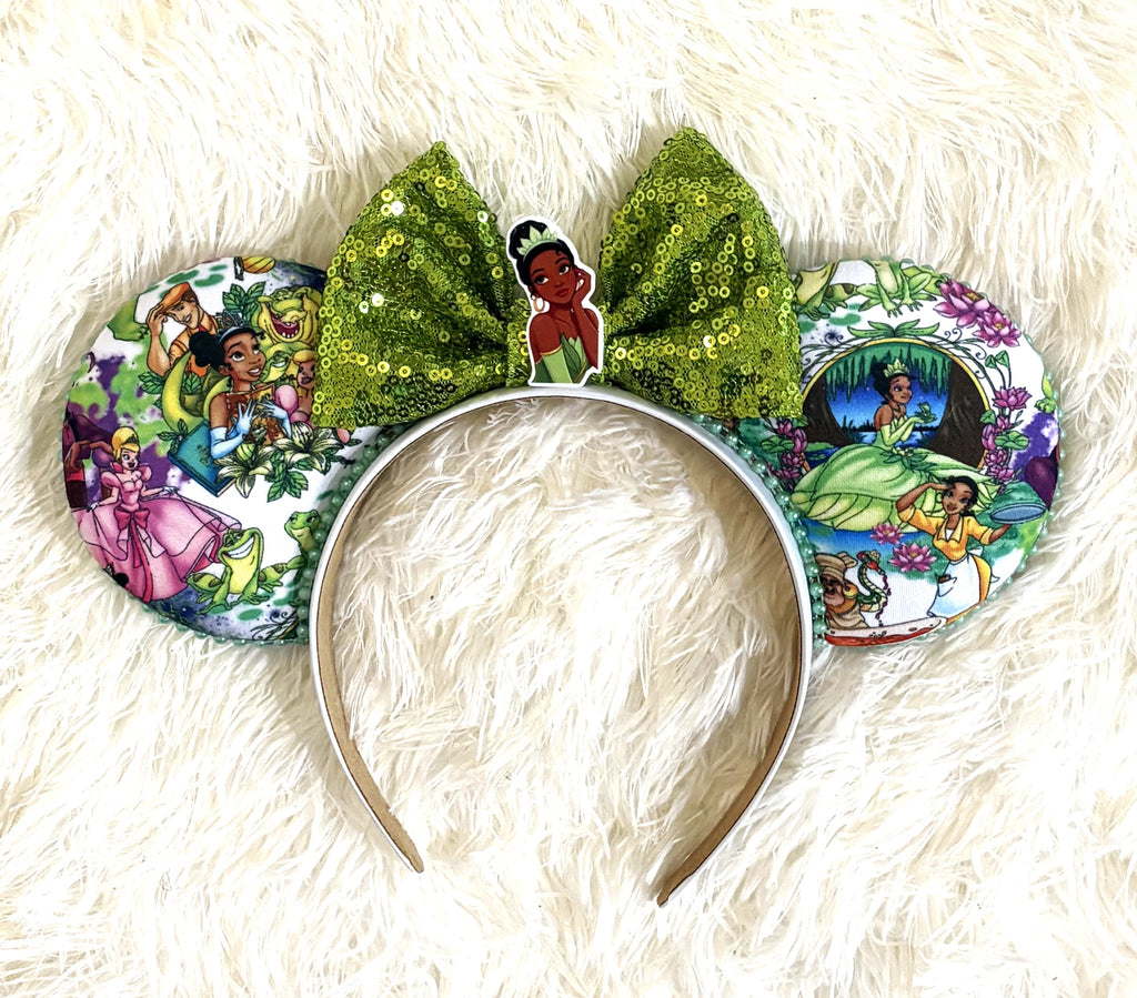 Handcrafted Bayou Blossom Signature mouse ear headband featuring elegant floral bayou-inspired boutique details in rich green, gold, and botanical tones for magical park adventures.