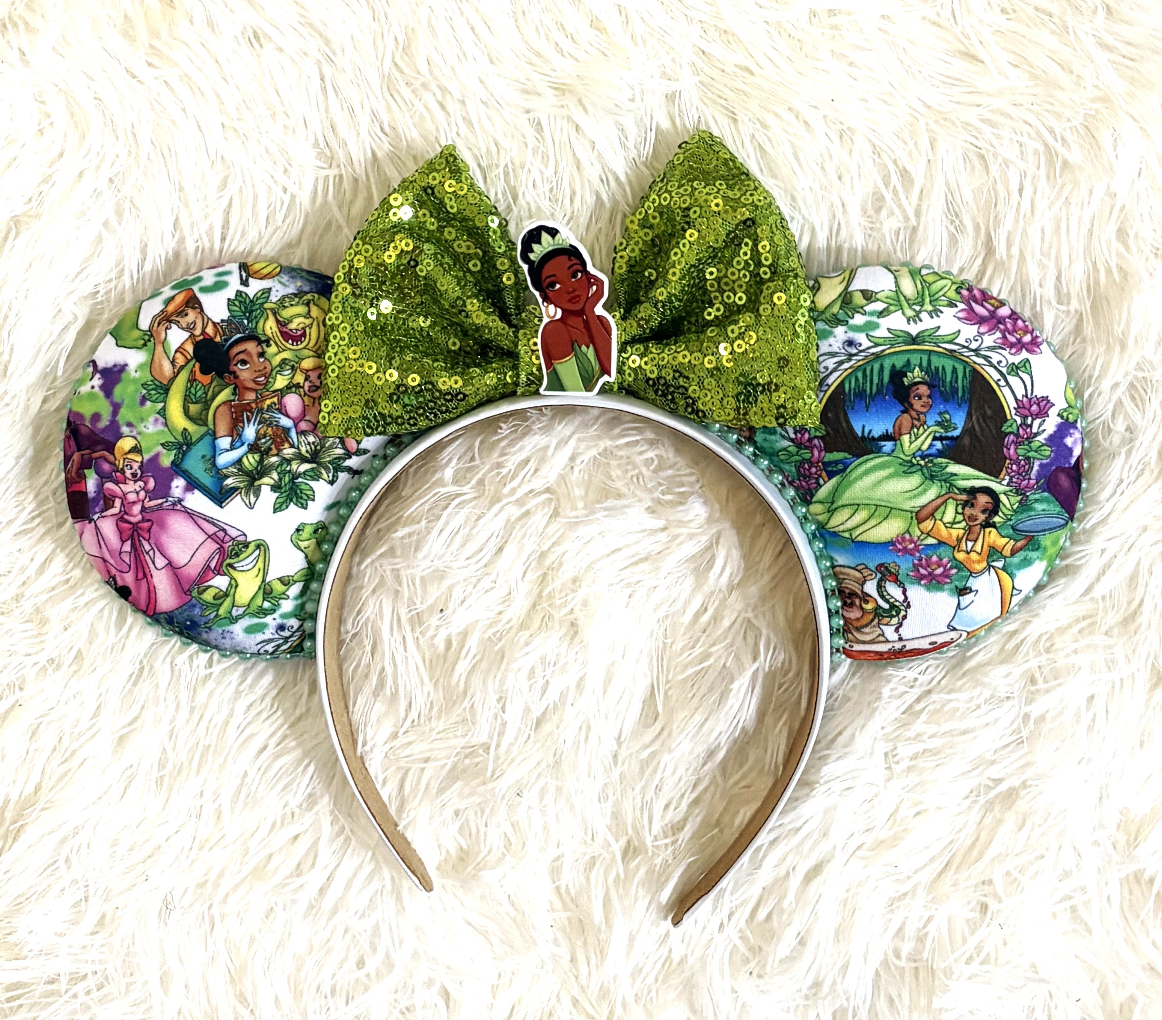 Handcrafted Bayou Blossom Signature mouse ear headband featuring elegant floral bayou-inspired boutique details in rich green, gold, and botanical tones for magical park adventures.
