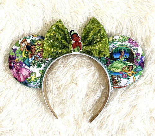 Handcrafted Bayou Blossom Signature mouse ear headband featuring elegant floral bayou-inspired boutique details in rich green, gold, and botanical tones for magical park adventures.