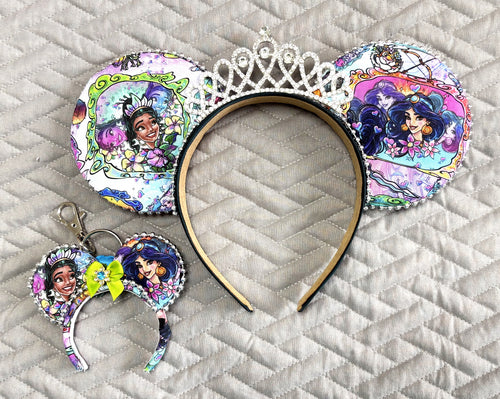 Handcrafted Bayou & Bazaar – Princess Duos Pixie Pair featuring a boutique mouse ear headband with a matching Mini Magic Charm inspired by a magical bayou and an enchanting marketplace.
