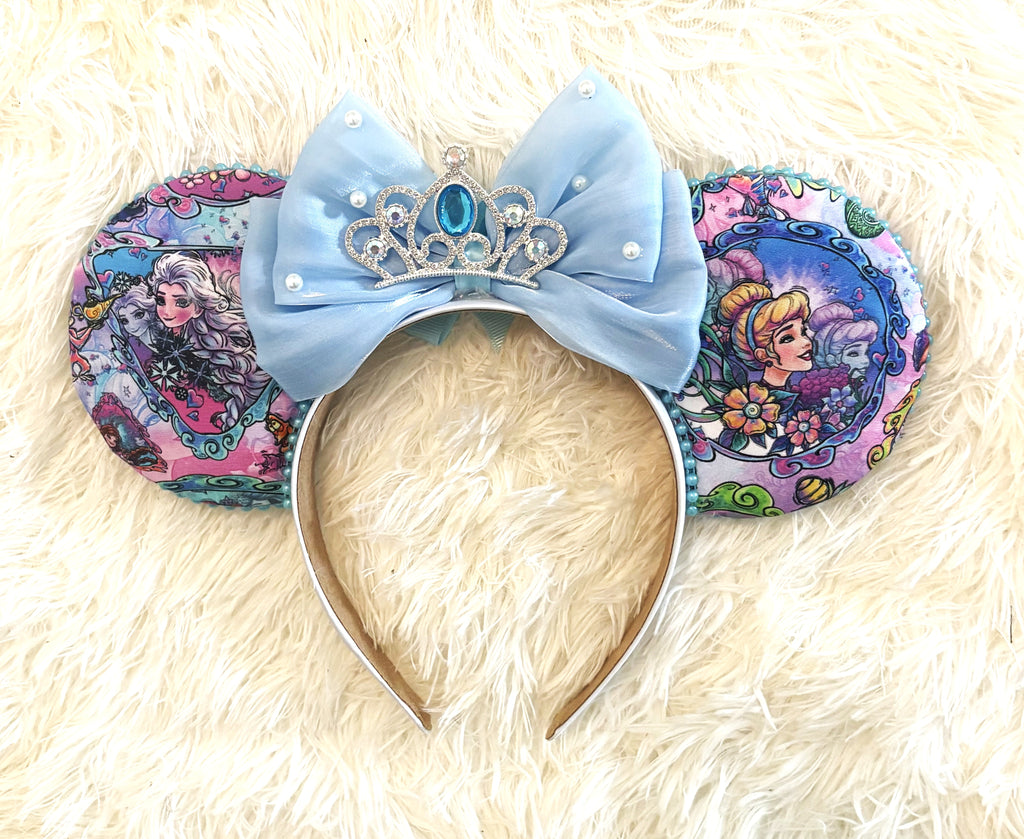 Handcrafted Frost & Fairytales – Princess Duos Signature mouse ear headband featuring elegant boutique styling inspired by a sparkling winter kingdom and a timeless royal fairy tale with handcrafted layered details.