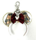 Haunted Elegance handcrafted mini ear charm featuring designer-inspired ghost patterns, burgundy sequin bow, gold trim, lobster clasp and split ring.