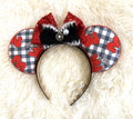 Handcrafted Cherry Belle mouse ear headband with black-and-white gingham cherry fabric, red beaded trim and layered red and black bow.