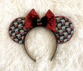 Handcrafted Midnight Cherry mouse ear headband with black cherry-print ears, sparkling red beaded trim, oversized red sequin bow and black velvet accent.

SEO title