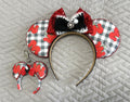 Cherry Belle Pixie Pair with handcrafted black-and-white gingham cherry mouse ear headband, red sequin bow and matching Mini Magic Charm.