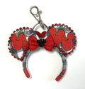 Handcrafted Cherry Belle Mini Magic Charm with black-and-white gingham cherry ears, sparkling red beaded trim, red bow and lobster clasp.