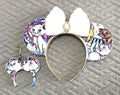 Parisian Kitty Pixie Pair with handcrafted kitten-print mouse ear headband and matching mini bag charm, pearl trim, plush white bow and jeweled accents.