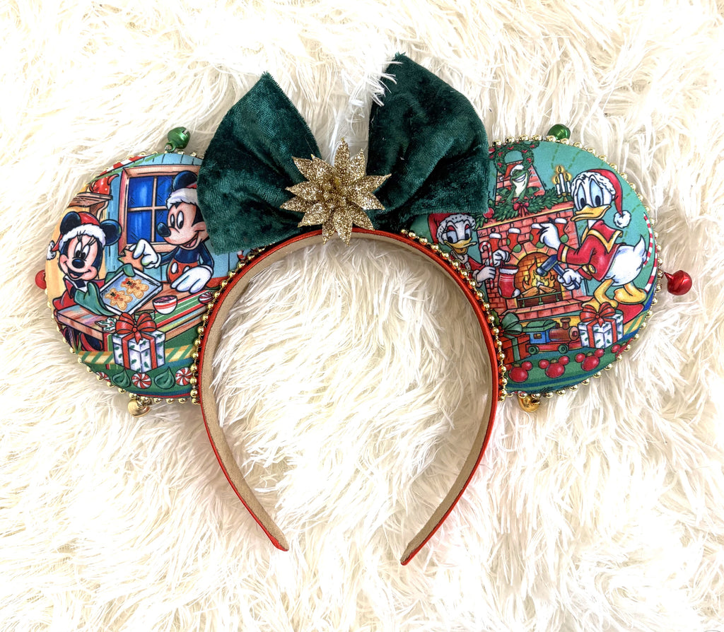Christmas Wishes & Jingle Bells handcrafted mouse ear headband featuring festive Christmas character fabric, emerald-green velvet bow, gold glitter starburst, gold beaded trim, and colorful jingle bells.