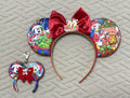 Christmas Castle Wishes Pixie Pair Set featuring matching holiday castle mouse ear headband and mini bag charm with green velvet bow, red glitter poinsettias, gold trim, and jingle bells.