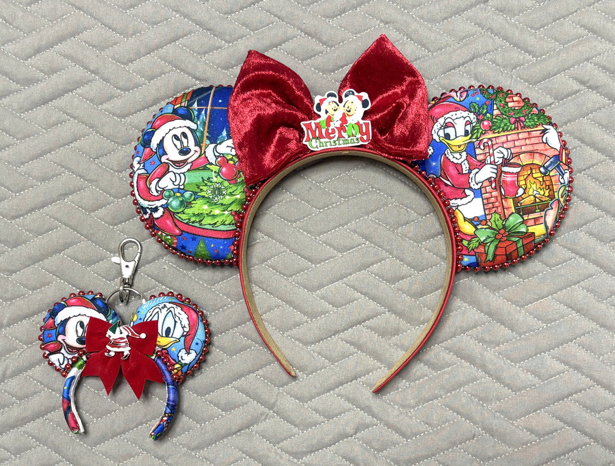 Merry Mouse & Mistletoe Christmas Pixie Pair Set with handcrafted mouse ear headband and matching mini bag charm, featuring red velvet bows and festive character fabric.
